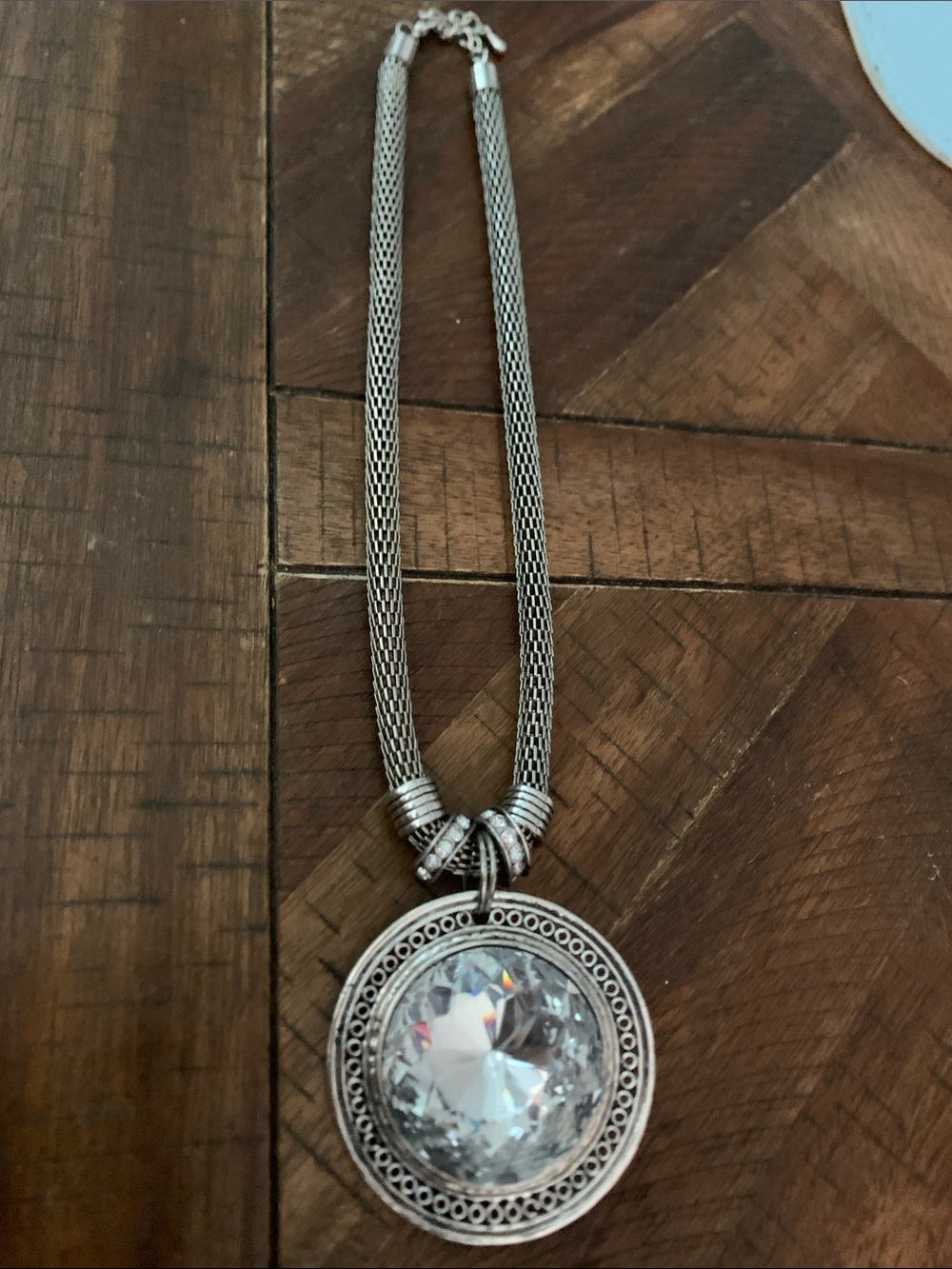 lSilver-Tone Crystal Pendant Mesh Necklace - Women Jewelry